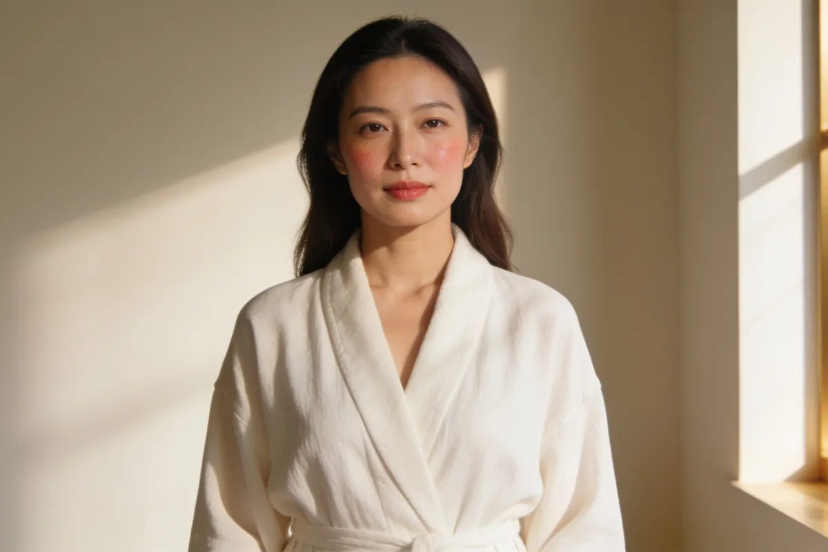 woman in her thirties, calm face, soft flush on cheeks, ivory robe