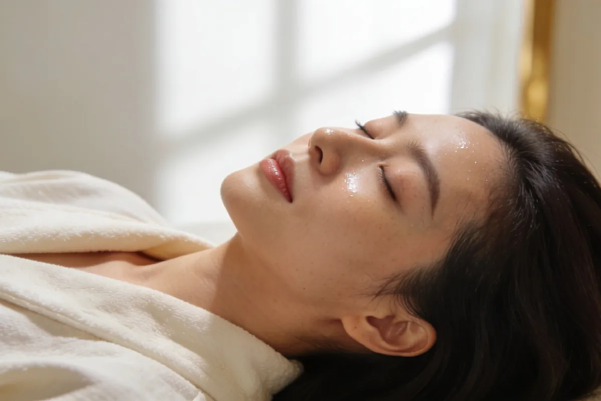 woman in her thirties with dewy luminous skin, eyes closed, serene, cream robe