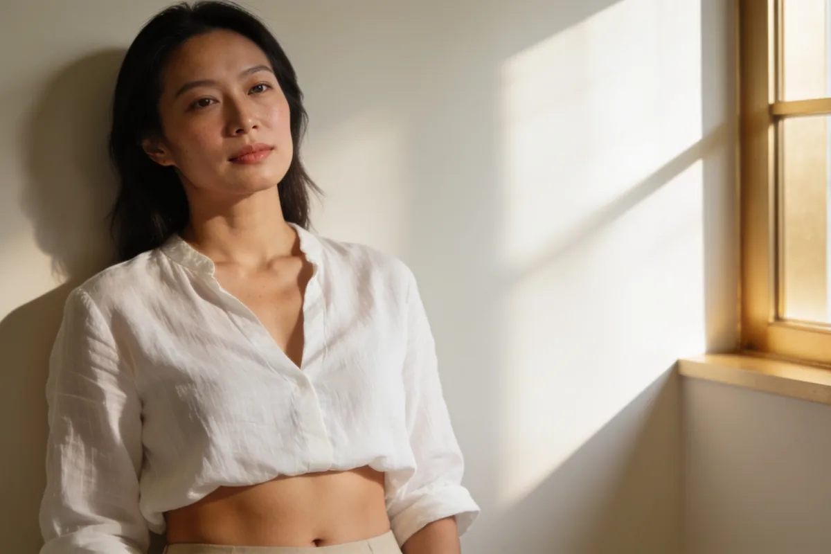 woman in her thirties, relaxed, white linen top lifted slightly at waist, full head in frame