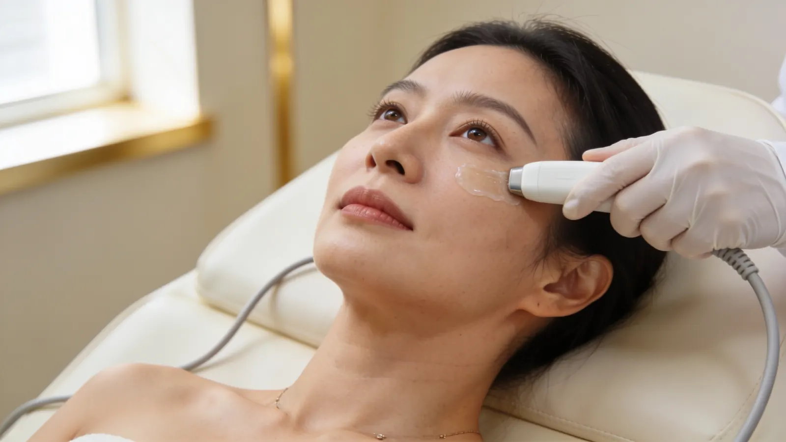 Illustrative image, not a patient: a doctor rests an ultrasound probe on a woman's upper cheek, just below the lower eyelid