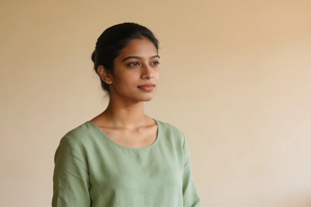A woman in her twenties without make-up, hair clipped back, in gentle side light (illustrative image, not a patient)