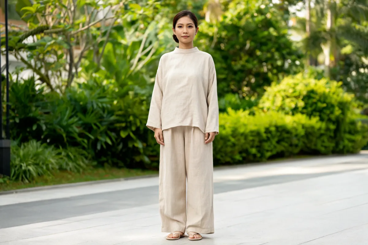 A woman in her thirties standing in daylight in a loose linen set (illustrative image, not a patient)