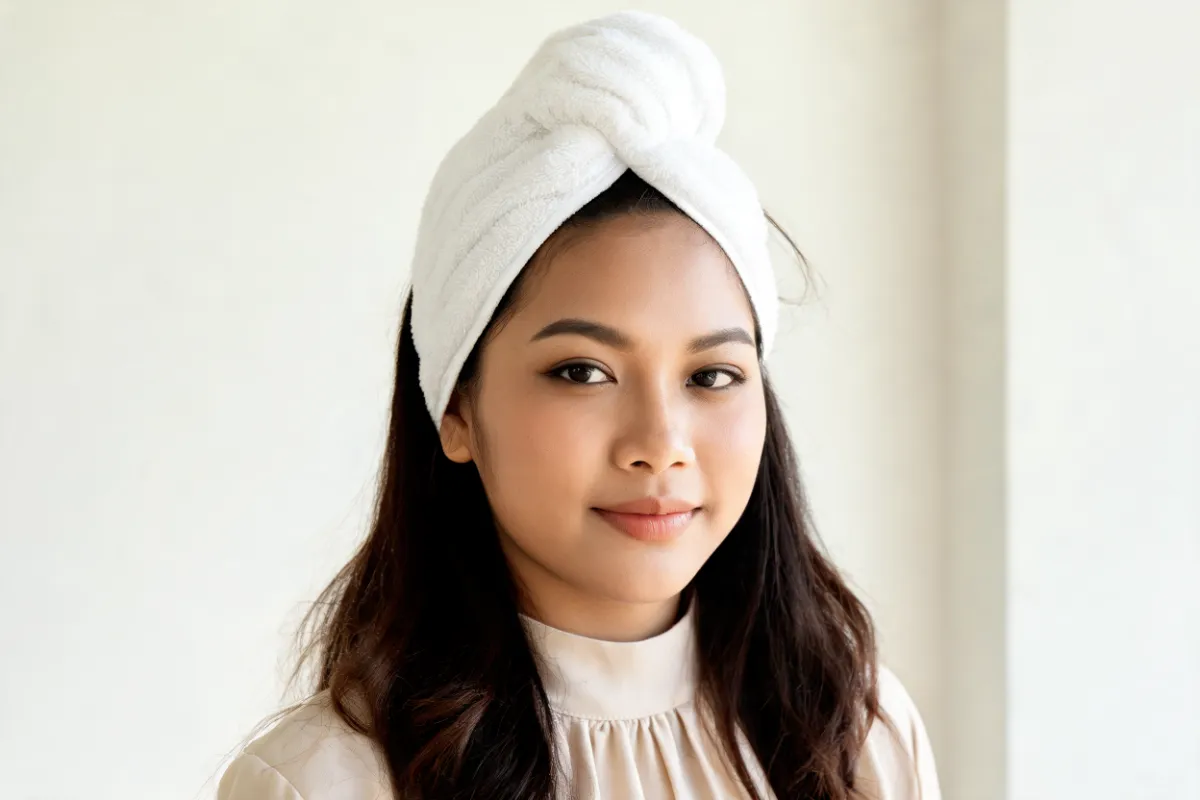 A woman in her twenties with fresh skin and a towel headband (illustrative image, not a patient)
