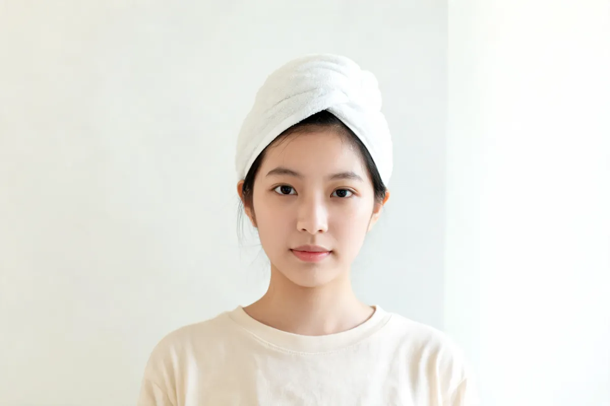 A woman in her twenties with fresh skin and a towel headband (illustrative image, not a patient)