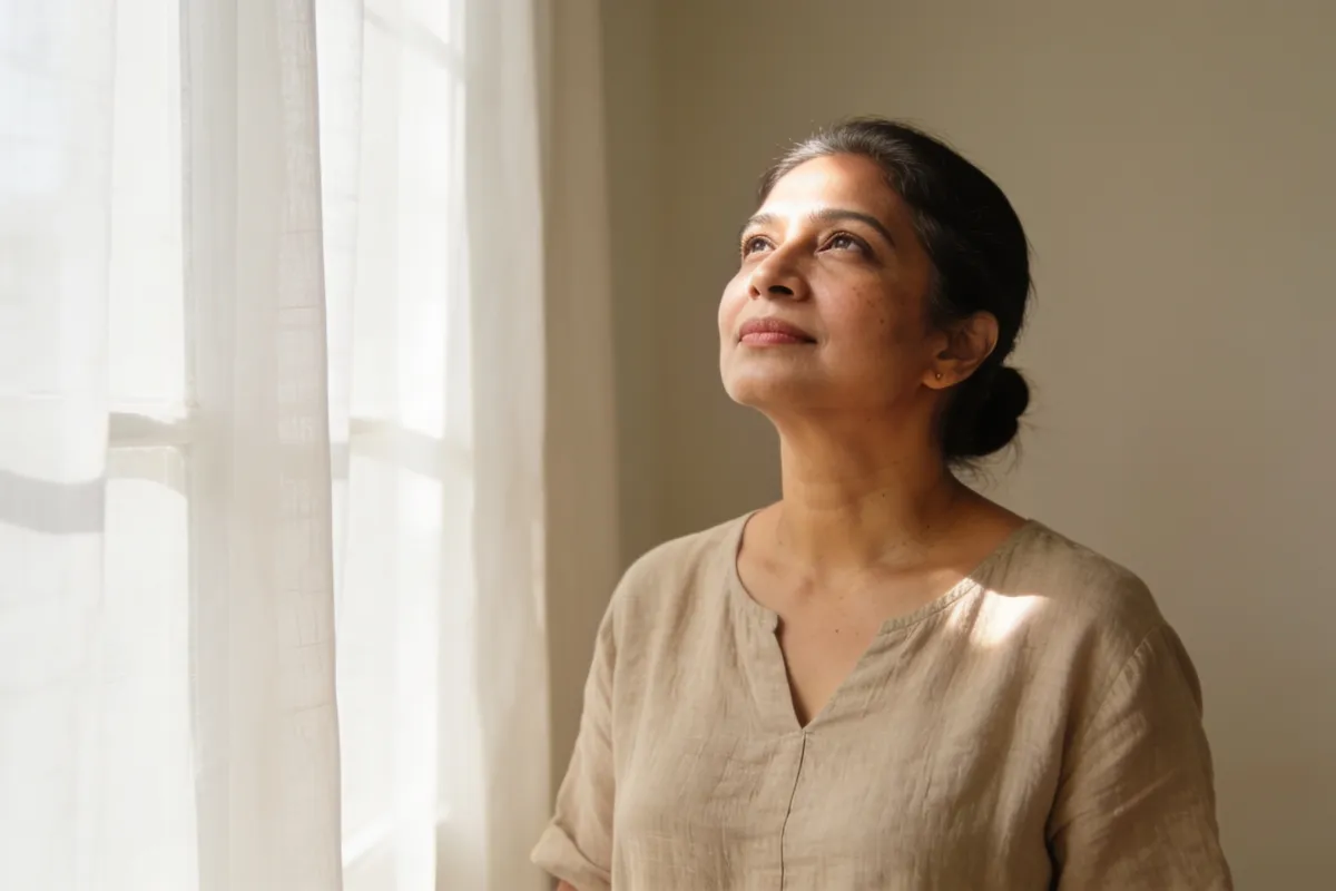 A woman in her forties lifting her chin toward soft window light (illustrative image, not a patient)