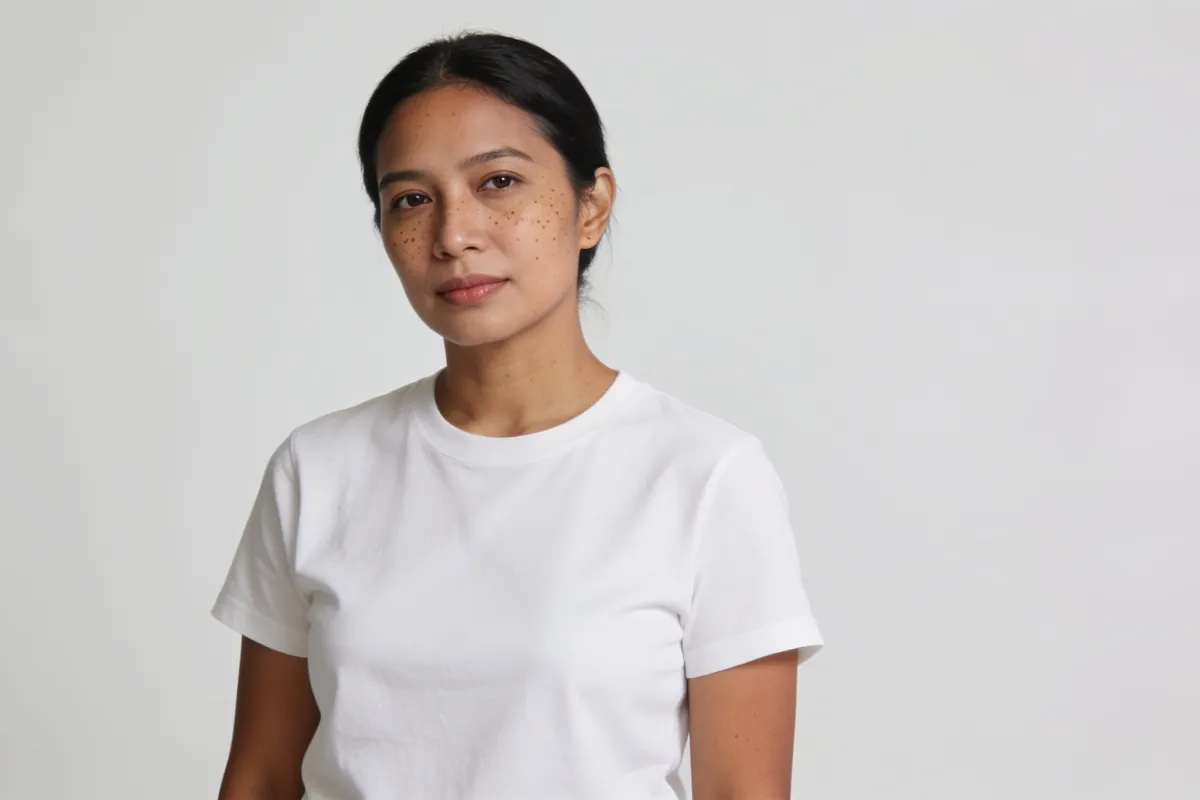 A woman in her thirties with even, bare skin in a white T-shirt (illustrative image, not a patient)