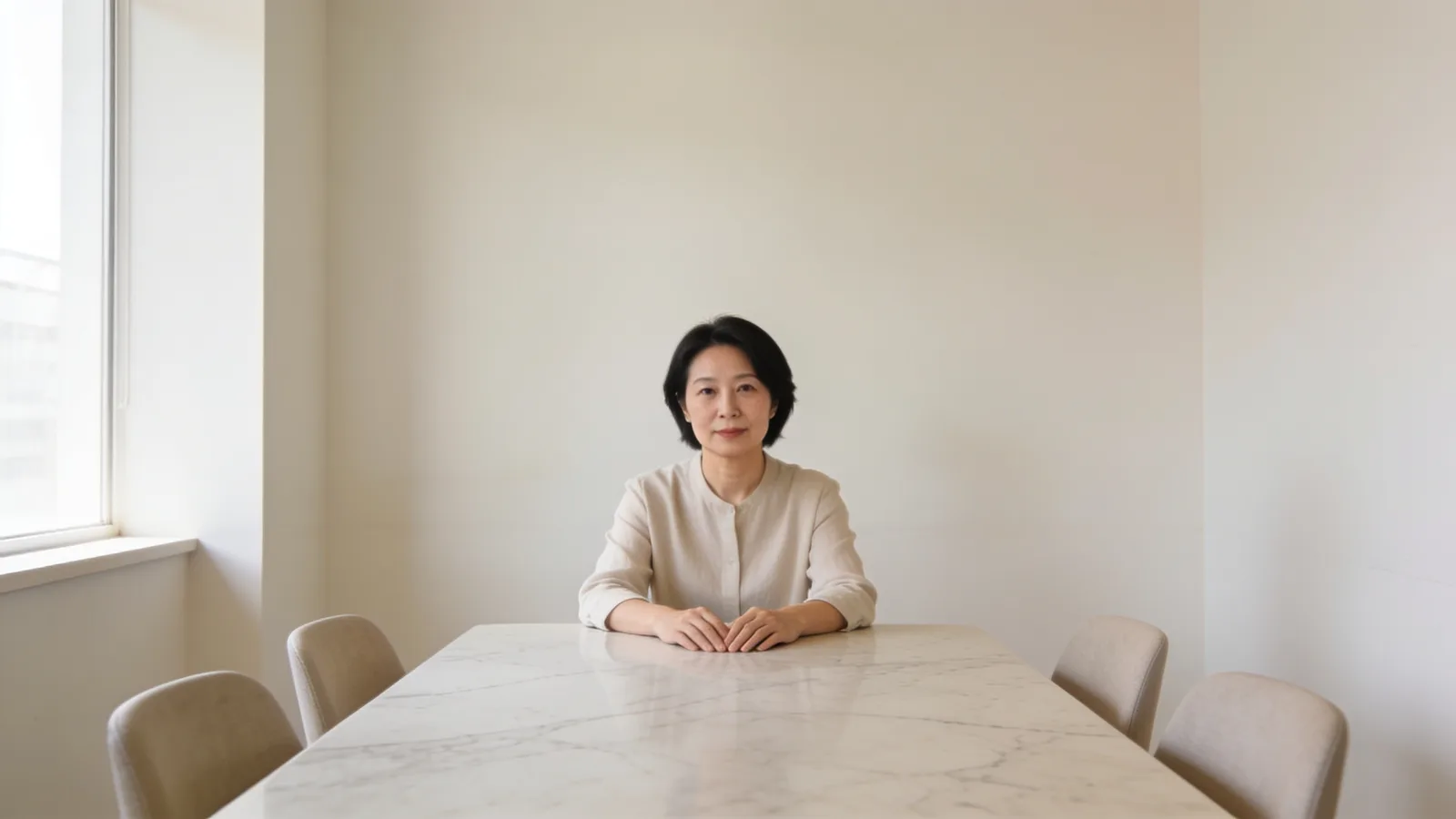 Illustrative model seated at a consultation table — not a patient