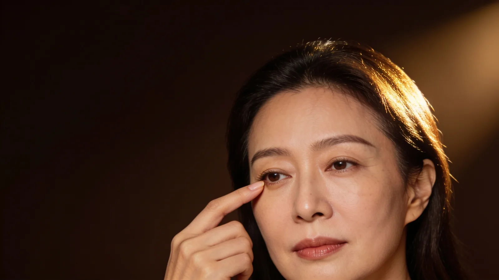 Illustrative model touching the skin under one eye — not a patient
