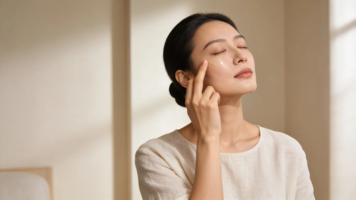A woman in her mid-thirties with eyes closed, one fingertip resting on the cheekbone below the eye, soft daylight on the under-eye skin